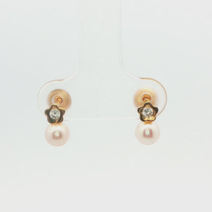 14K YG CHILD FLOWER AND PEARL DROP EARRING WITH CUB ZIRCON