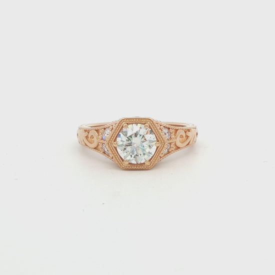 14K YG RD DIA ENG RING IN HEX FILLIGREE SETT WITH RUBY & SAPH