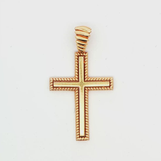 14K YG FANCY CROSS WITH BEAD TRIM AND RIDGED BALE, 3.7g