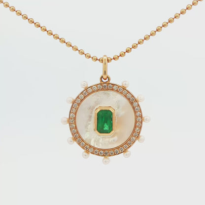 14KYG MOTH OF PEARL EMERALD CTR W\  DIAM AND BABY PEARL ENCIRCULING 1
