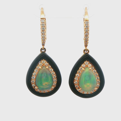 Opal and Diamond Pear-Shaped Double Halo Drop Earrings with Black Enamel 