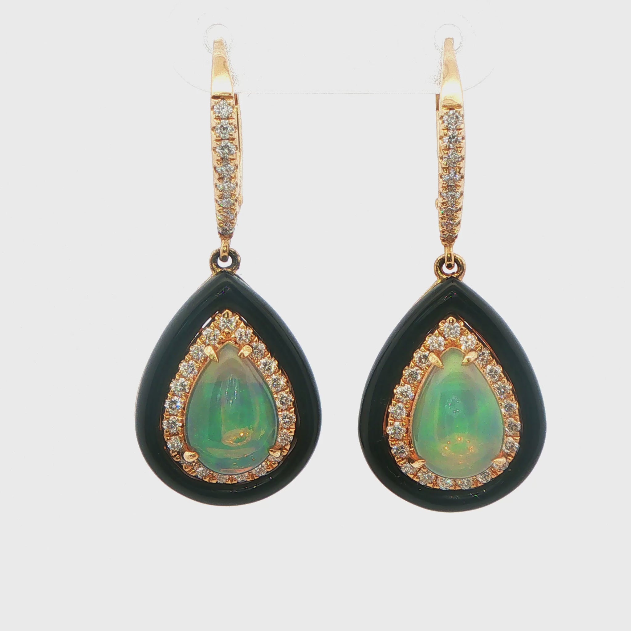 Opal and Diamond Pear-Shaped Double Halo Drop Earrings with Black Enamel 