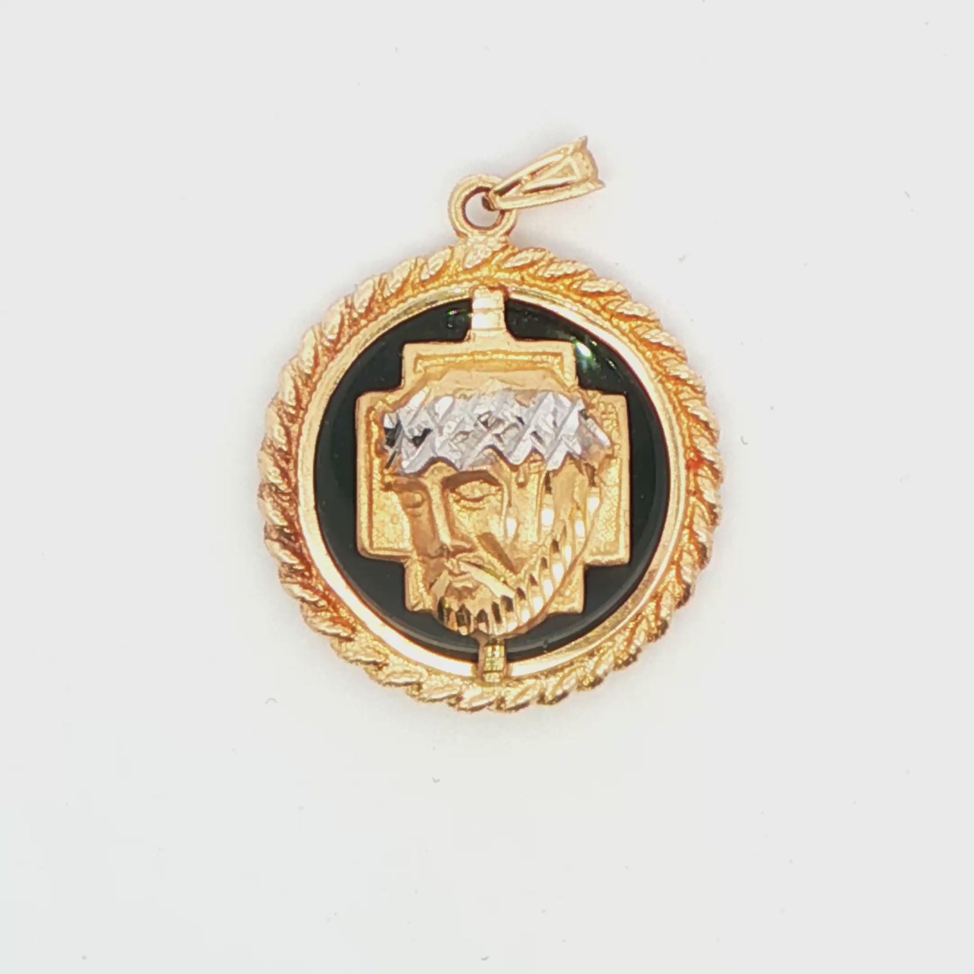 14K YG ONYX WITH CROSS & JESUS PEND 7G