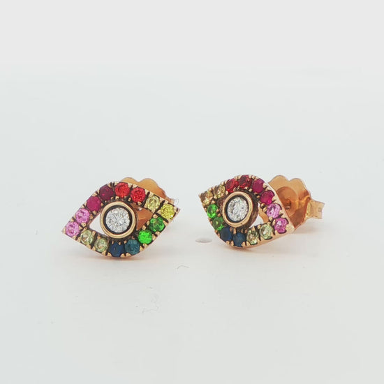 14K YG MULTI COLOR EVIL EYE SAPH STUDS .35 GTW APPX .10 DTW