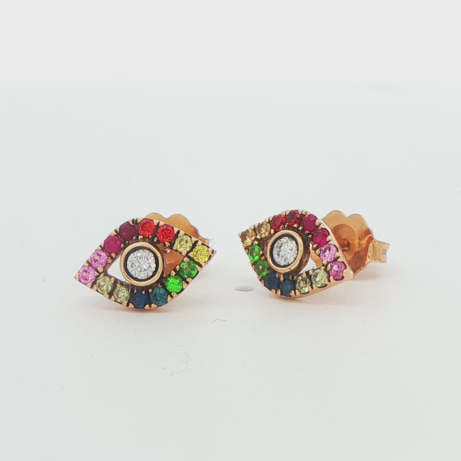 14K YG MULTI COLOR EVIL EYE SAPH STUDS .35 GTW APPX .10 DTW