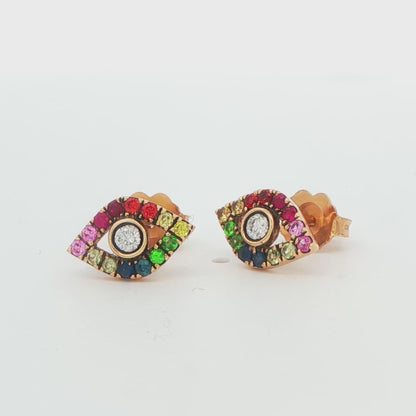 14K YG MULTI COLOR EVIL EYE SAPH STUDS .35 GTW APPX .10 DTW