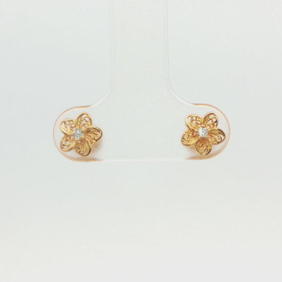 14K Yellow Gold Child Flower Earrings with Cubic Zirconia