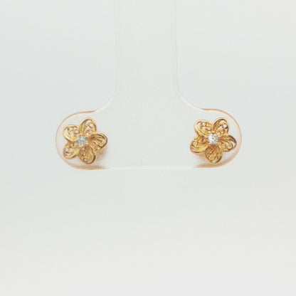 14K Yellow Gold Child Flower Earrings with Cubic Zirconia