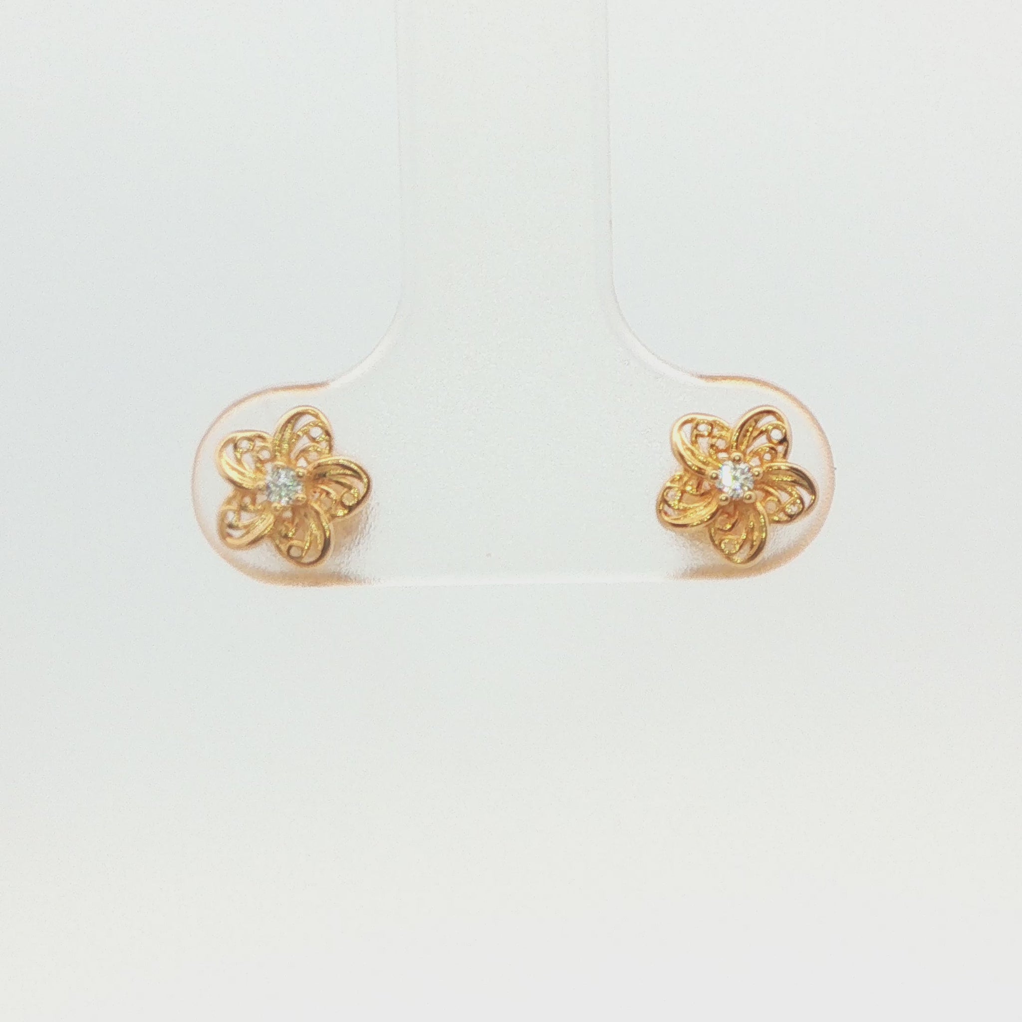 14K Yellow Gold Child Flower Earrings with Cubic Zirconia