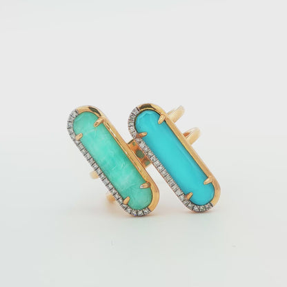 14K YG DOUBLE NEG SPACE RING WITH GEN TURQ & AMAZONITE, APPX .15 CTTW NAT DIA'S