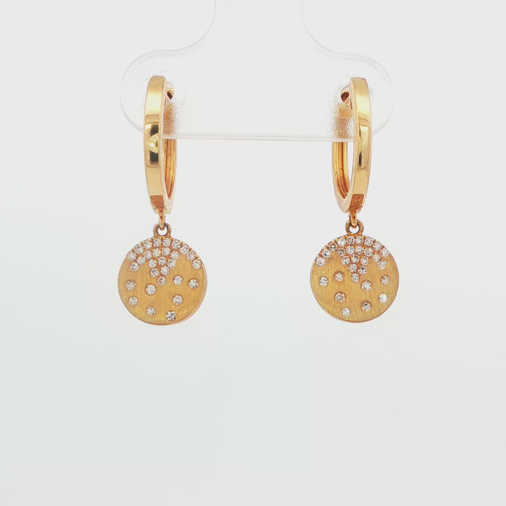 14K YG .14CTTW DIA FLUSH SET SATIN FINISH DISC DANGLE EARRING CONFETTI COLLECTION