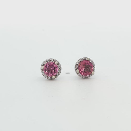 Pink Topaz and Diamond Halo Stud Earrings